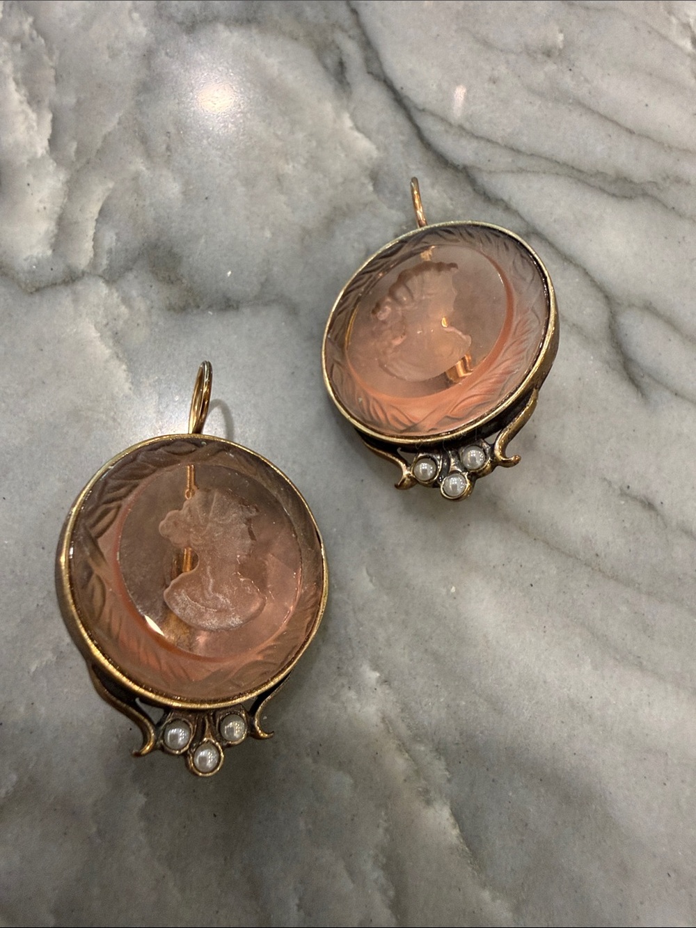 Extasia Vintage Inspired Pink Etched Glass Cameo Drop Earrings